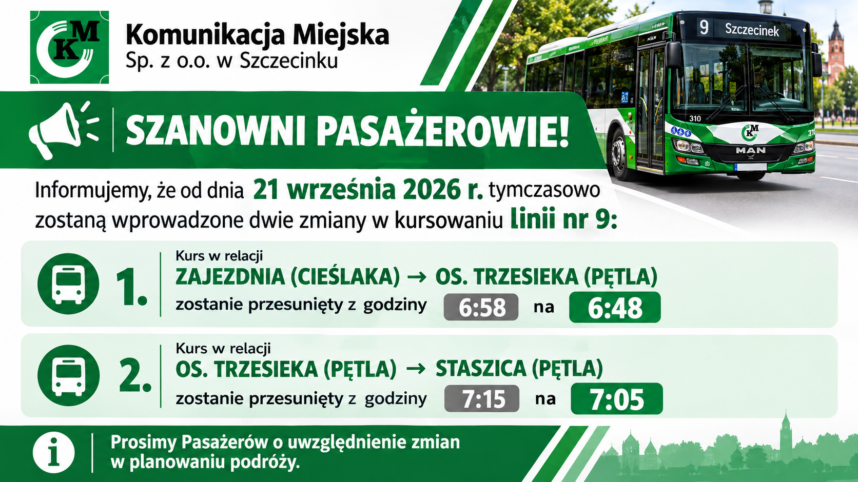 Zmiany w&nbsp;kursowaniu linii nr 9