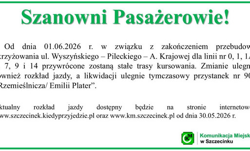 Zdjęcie do Zmiana rozkładu jazdy - zakończenie przebudowy skrzyżowania 