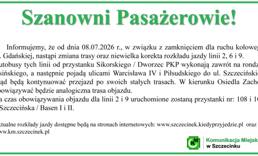 Zdjęcie do Zmiana rozkłazdu jazdy od 08.07.2026 r. (ZAMKNIĘCIE GDAŃSKIEJ)